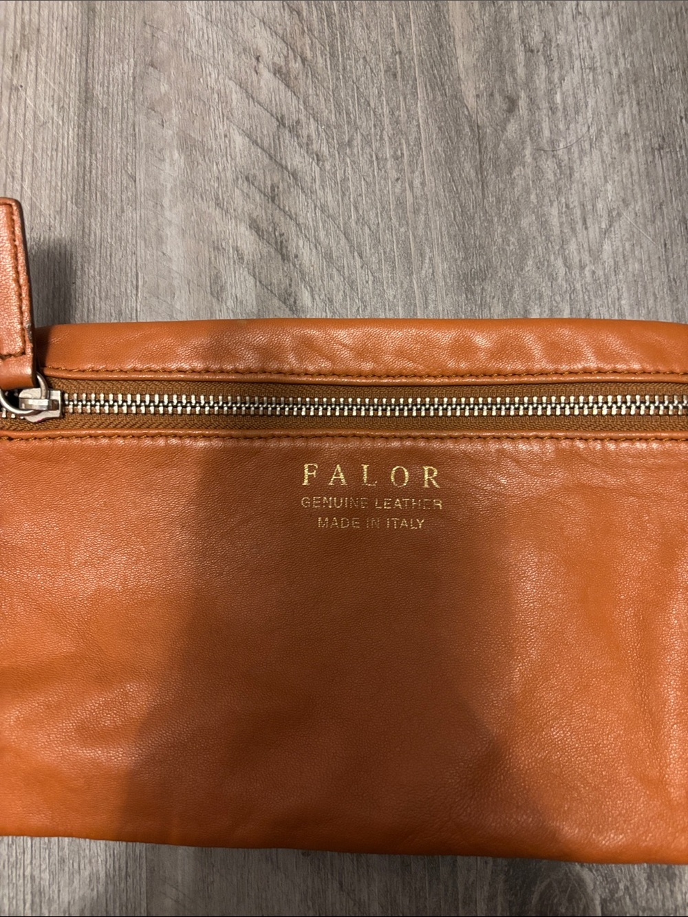 FALOR Made in Italy Genuine Leather Wristlet Zip Clutch - Cognac - Picture 5 of 6